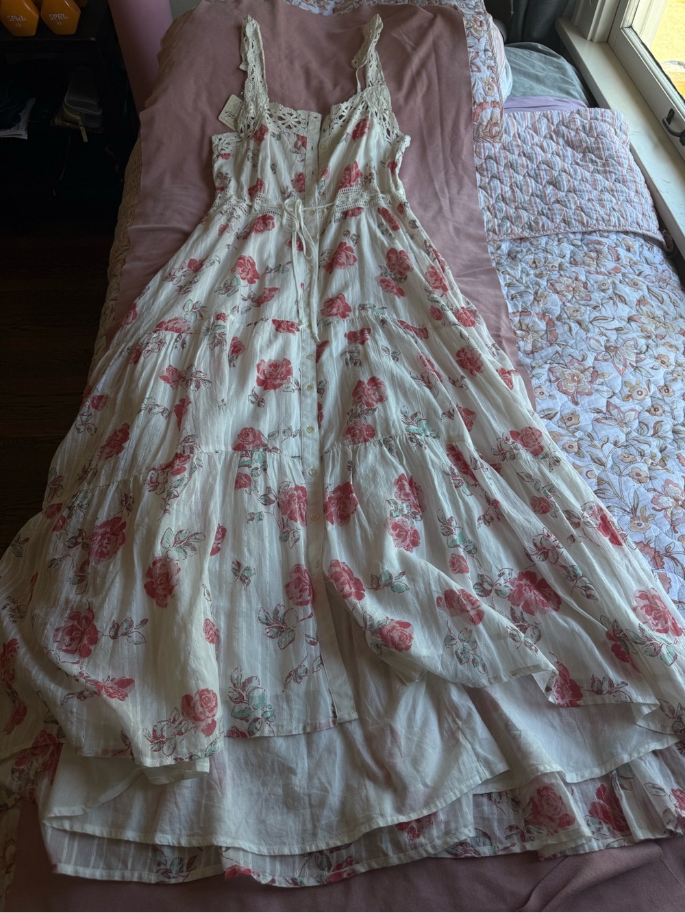 Free People Floral Lace-Trim Maxi Dress in Cream and Pink